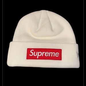 Supreme New Era Box Logo Beanie (White with Red Block White Letters)